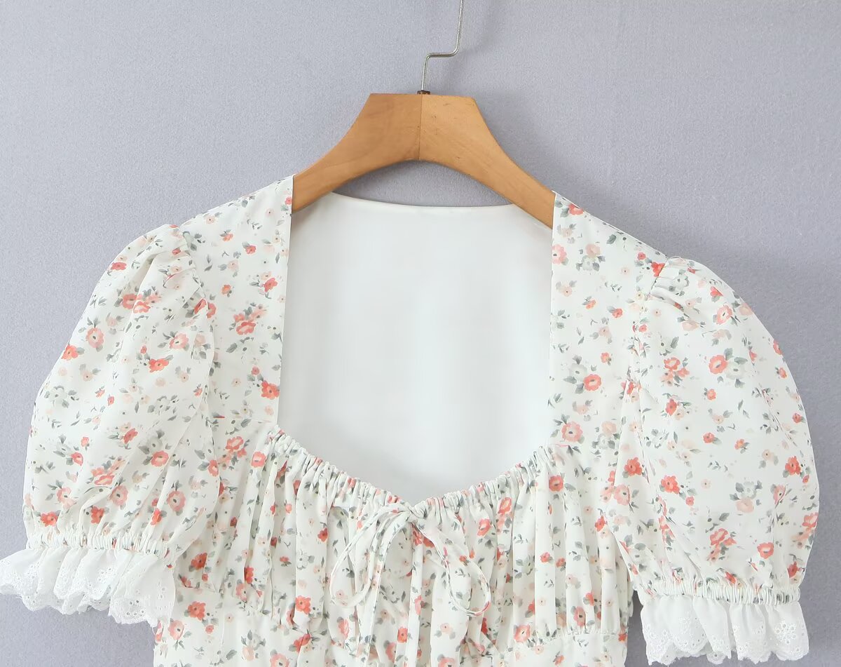 Autumn Gentle Sweet Floral Lace Stitching Printing Dress Tight Waist Puff Sleeve Super Fairy Princess Dress