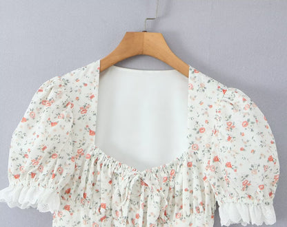 Autumn Gentle Sweet Floral Lace Stitching Printing Dress Tight Waist Puff Sleeve Super Fairy Princess Dress