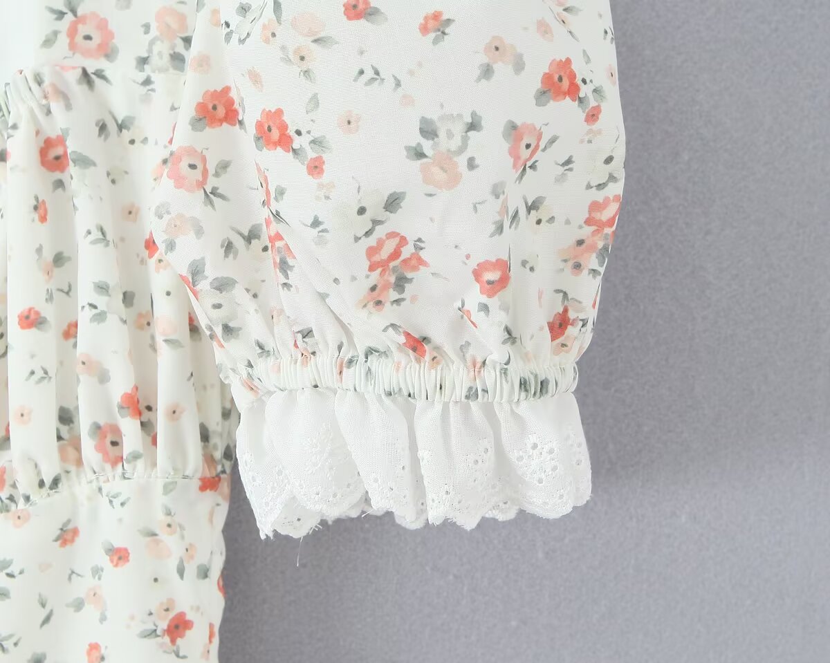 Autumn Gentle Sweet Floral Lace Stitching Printing Dress Tight Waist Puff Sleeve Super Fairy Princess Dress