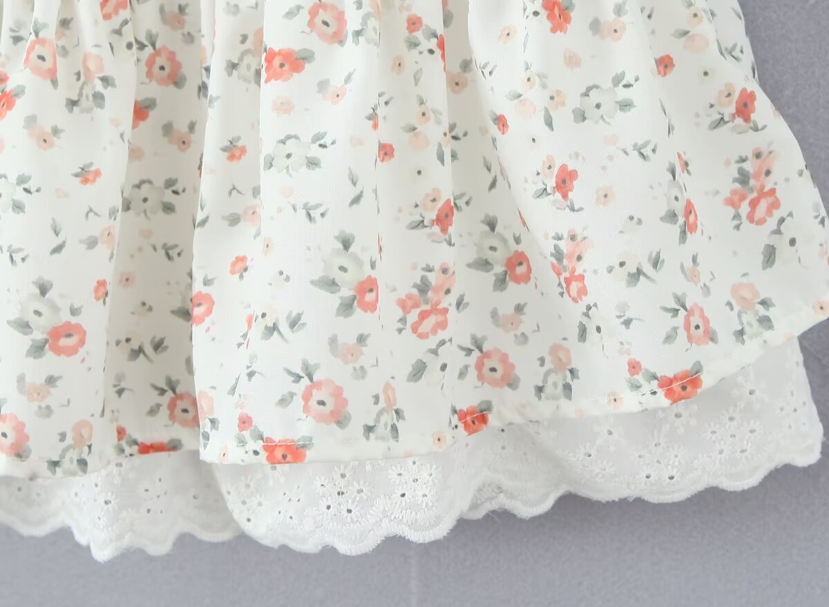 Autumn Gentle Sweet Floral Lace Stitching Printing Dress Tight Waist Puff Sleeve Super Fairy Princess Dress