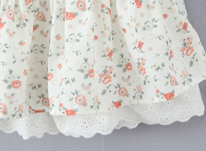 Autumn Gentle Sweet Floral Lace Stitching Printing Dress Tight Waist Puff Sleeve Super Fairy Princess Dress