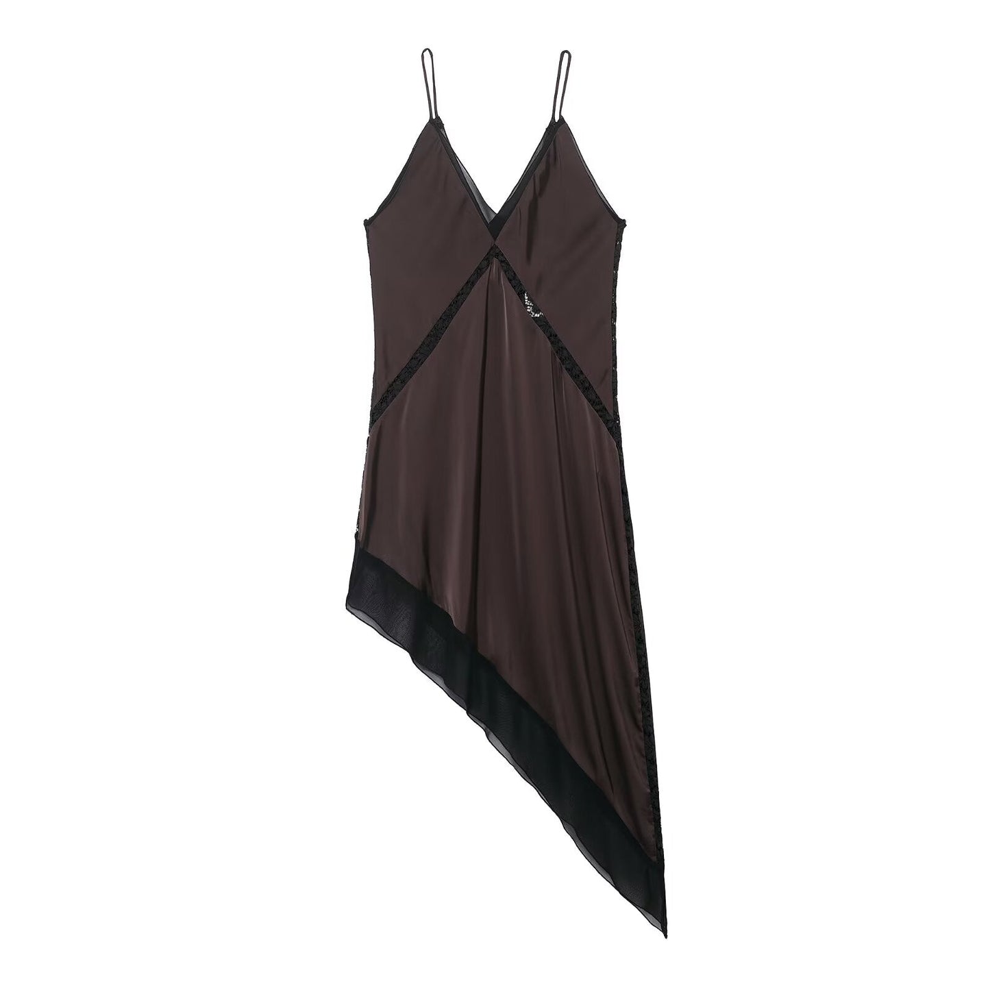 Graceful Satin Asymmetric V neck Strap Midi Dress