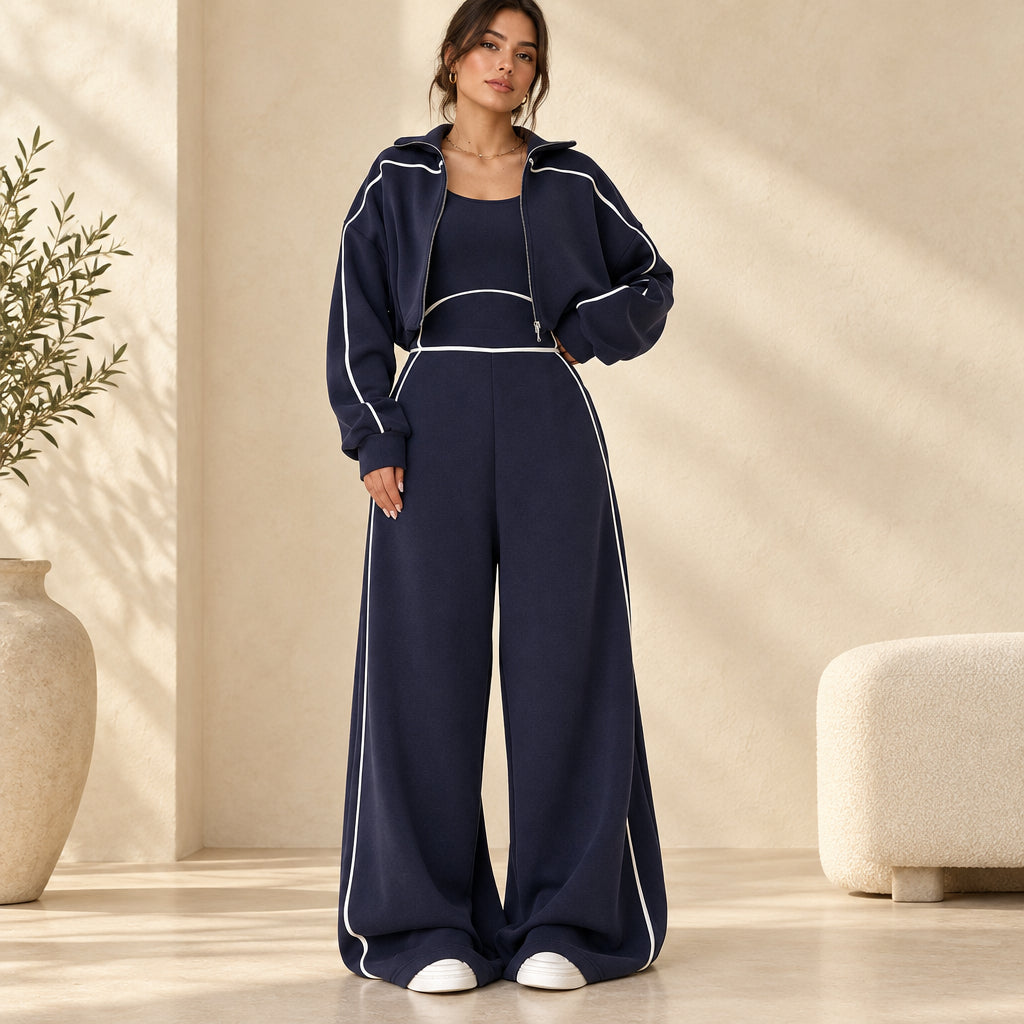 Women's Contrast-Piped Wide-Leg Jumpsuit & Cropped Zip Jacket Set