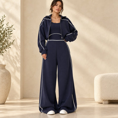 Women's Contrast-Piped Wide-Leg Jumpsuit & Cropped Zip Jacket Set