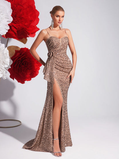 Champagne Sequin Sling Evening Dress Slim Fit Slit Cocktail Host Annual Party Party Light Luxury Fishtail Dress