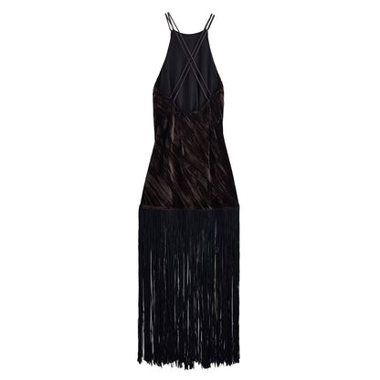 Women Clothing Hanging Collar Velvet Tassel Mid Length Midi Dress