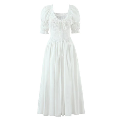 Winter French round Neck Puff Sleeve Chest Lace up Waist Trimming Short Sleeved Stretch Dress Large Swing
