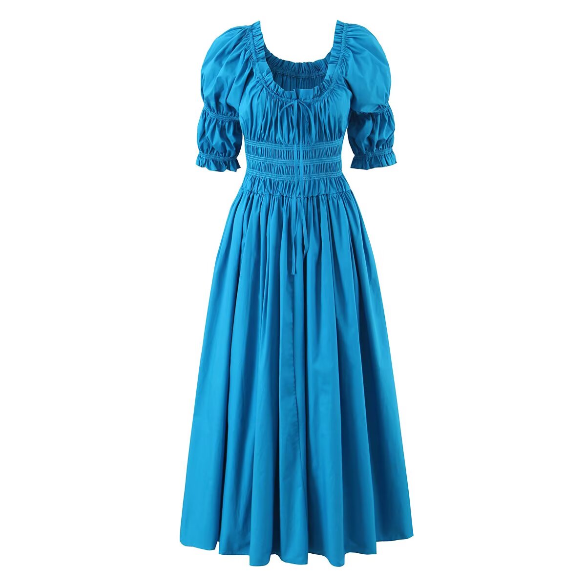 Winter French round Neck Puff Sleeve Chest Lace up Waist Trimming Short Sleeved Stretch Dress Large Swing