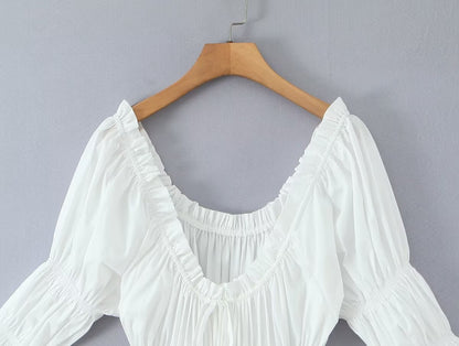 Winter French round Neck Puff Sleeve Chest Lace up Waist Trimming Short Sleeved Stretch Dress Large Swing