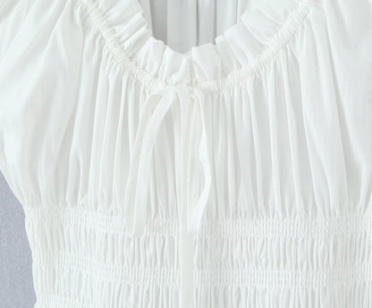 Winter French round Neck Puff Sleeve Chest Lace up Waist Trimming Short Sleeved Stretch Dress Large Swing