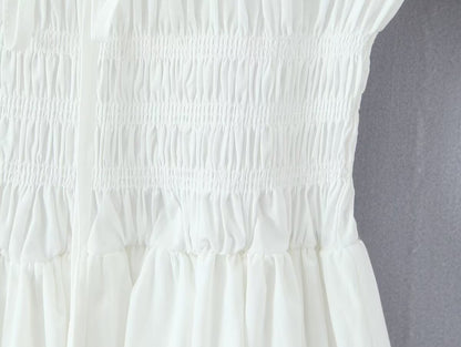 Winter French round Neck Puff Sleeve Chest Lace up Waist Trimming Short Sleeved Stretch Dress Large Swing