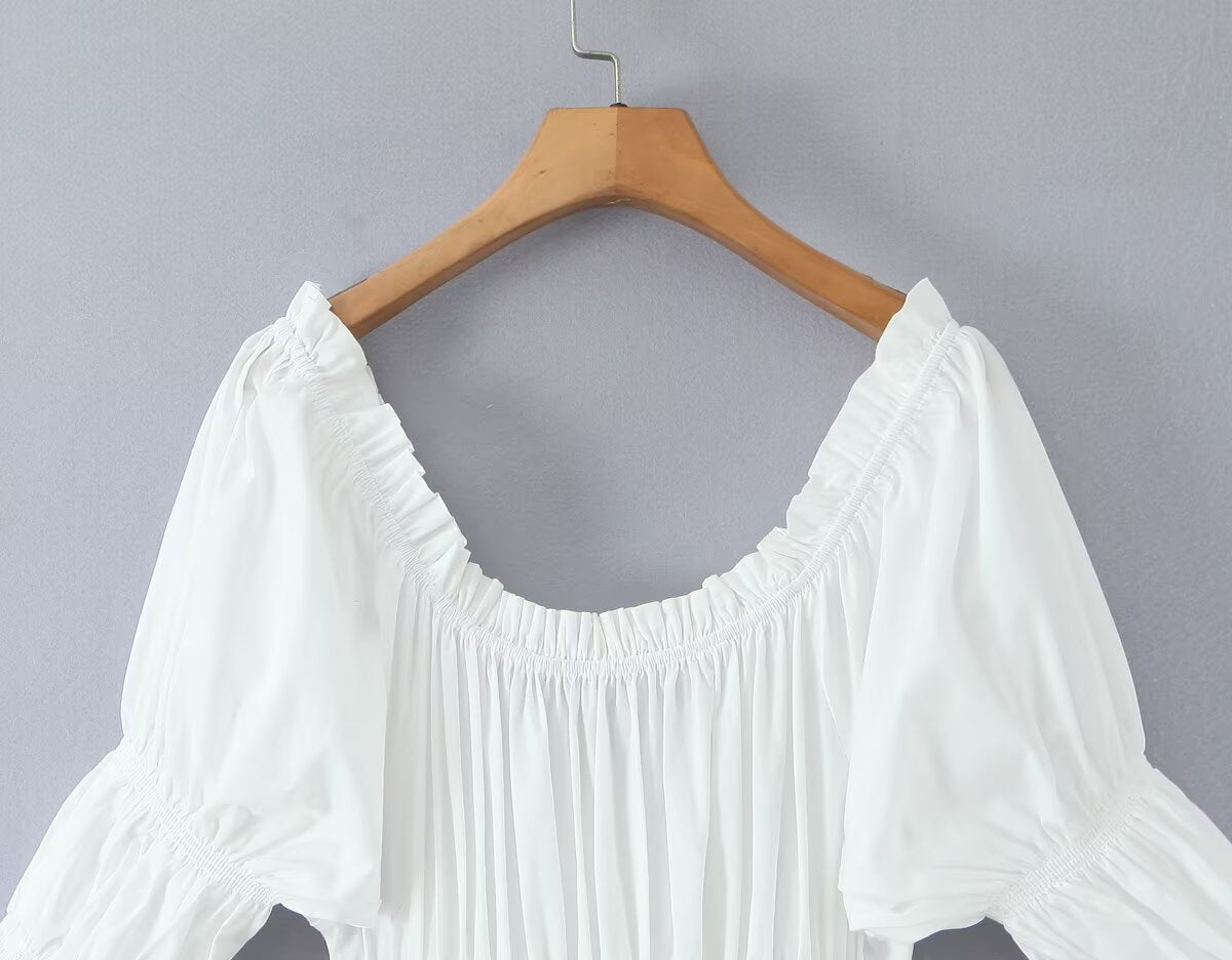 Winter French round Neck Puff Sleeve Chest Lace up Waist Trimming Short Sleeved Stretch Dress Large Swing