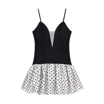 Women Clothing Sexy Polka Dot Stitching Strap Short Dress