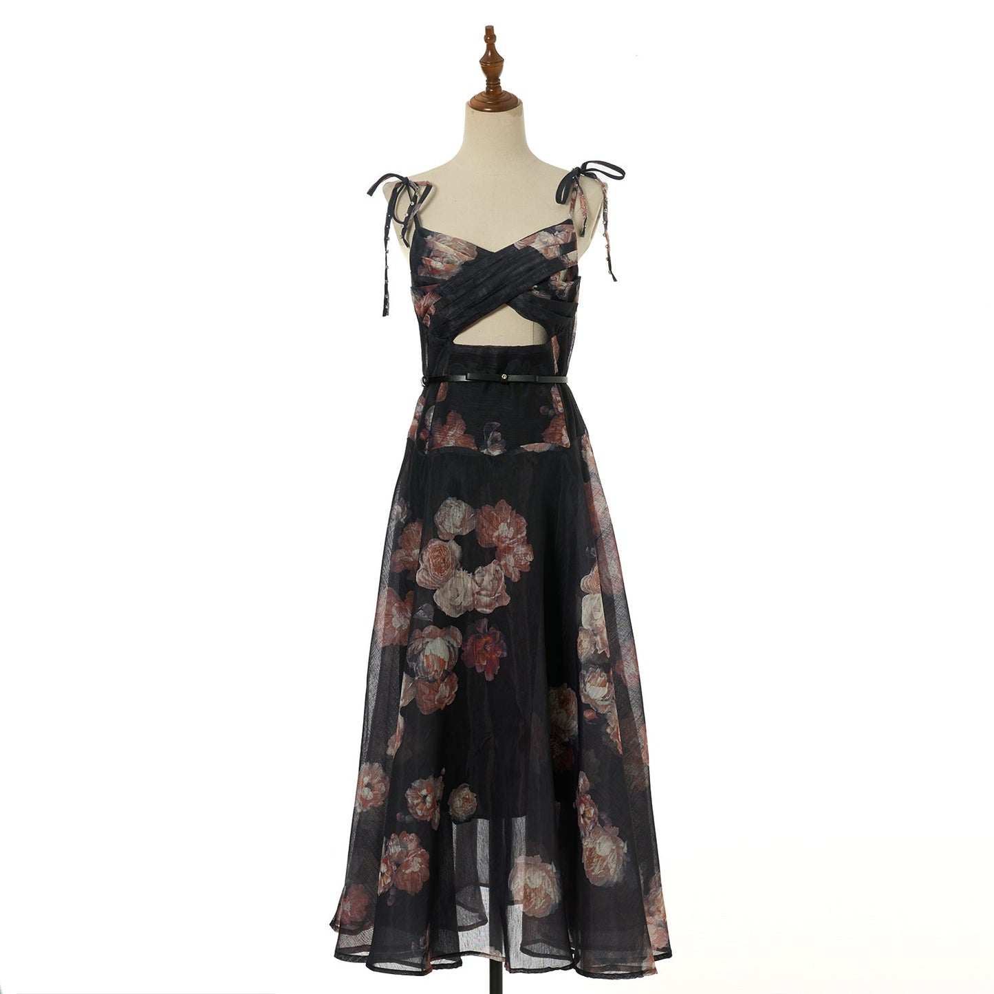 Women Vacation Silk Corded Halter Top With Openwork Design Long Dress Featuring Large Diamond Embellishments