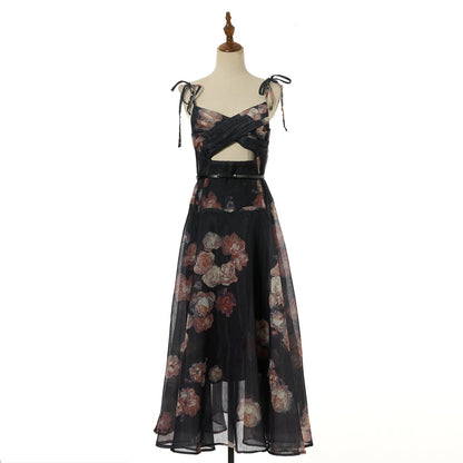 Women Vacation Silk Corded Halter Top With Openwork Design Long Dress Featuring Large Diamond Embellishments