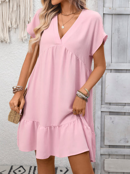 Summer Women Clothing Ruffled V neck Solid Color Holiday Dress