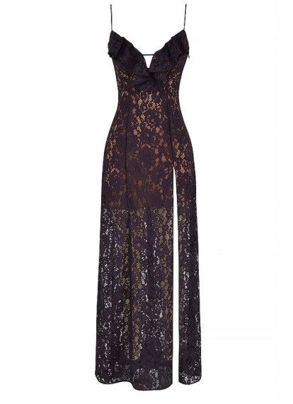 Lace Deep V Plunge Strap Dress Summer Sleeveless Slit Sexy Midi Dress