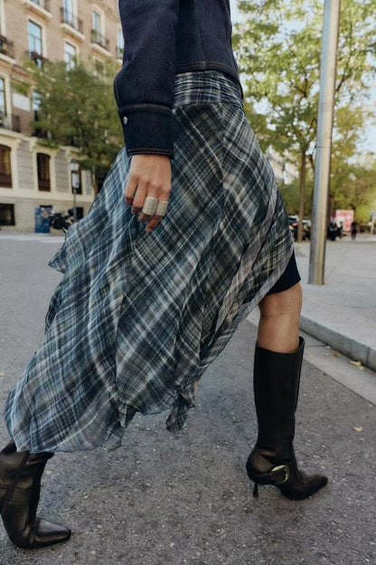 Women Clothing Autumn Beautiful Mid Waist Asymmetric Plaid Irregular Asymmetric Skirt Women