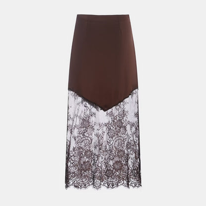 Women Clothing Winter Sexy See through Lace Stitching High Waist Skirt Long Skirt