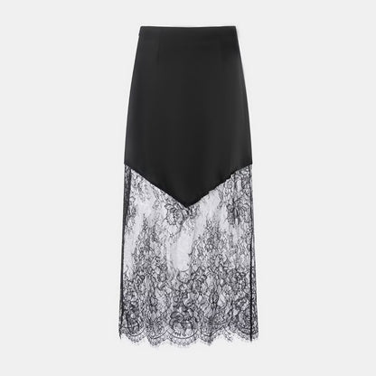 Women Clothing Winter Sexy See through Lace Stitching High Waist Skirt Long Skirt