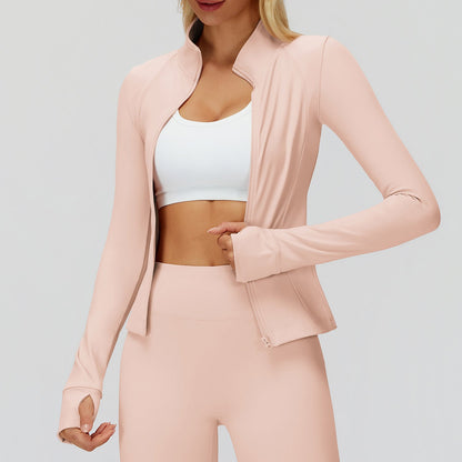 Autumn Winter Stand Collar Coat Zipper Windproof All Matching Warm Top Fitness Running Velvet Sport Coat