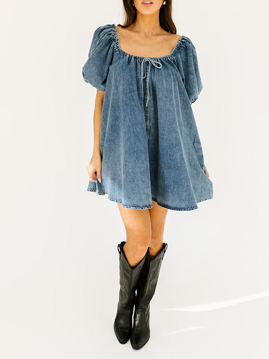 Ladies Summer Dress Fresh Denim Washed Puff Sleeve Large Swing Double Sided Bag Dress