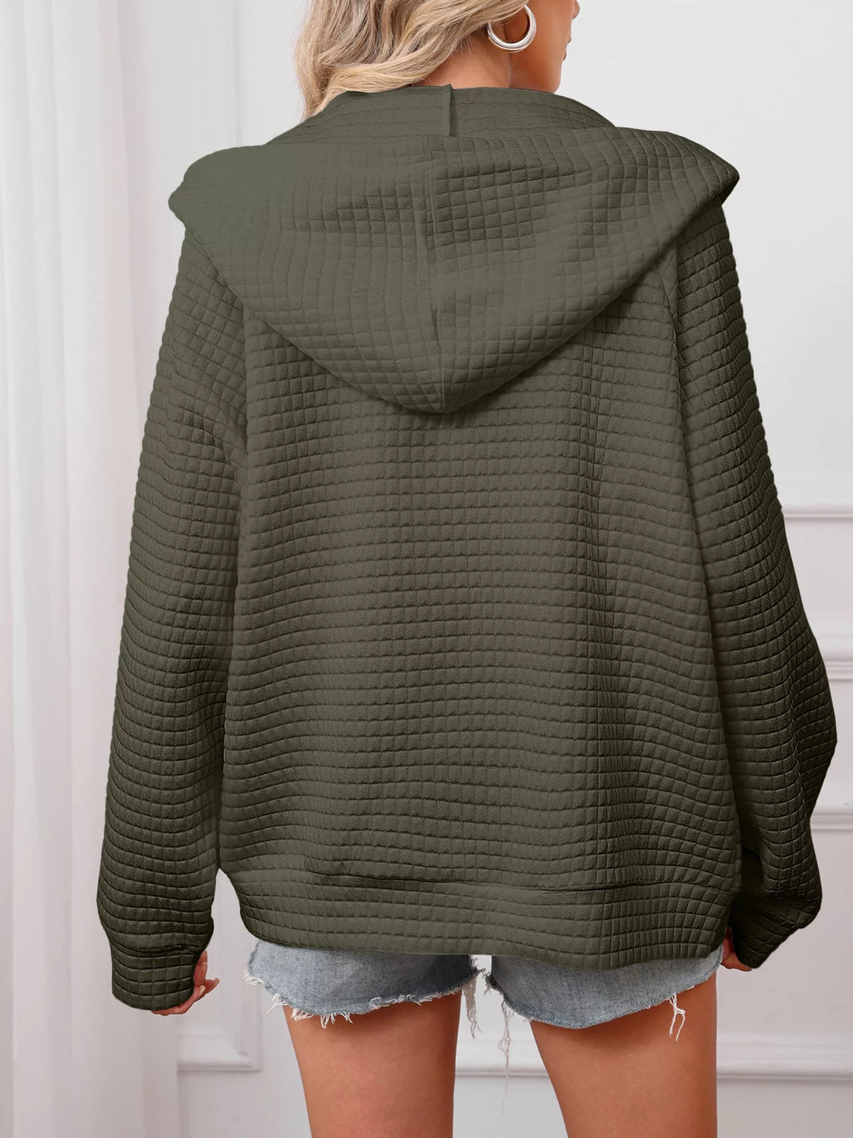Full Size Textured Quilted Zip-Up Hooded Jacket Plus Size
