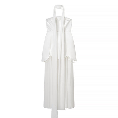 Women Clothing Winter Sexy Backless Sleeveless Solid Color Tube Top Mesh Stitching Dress