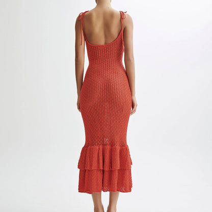 Summer Knit Halter Dress Hollow Out Cutout Seaside Holiday Beach Flounce Long Dress Women Overall Hip