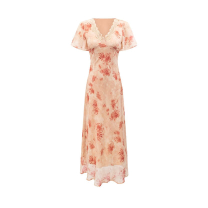 Women Clothing Elegant Pink Floral V neck Pullover Dress Women Waist Controlled Slimming Dress