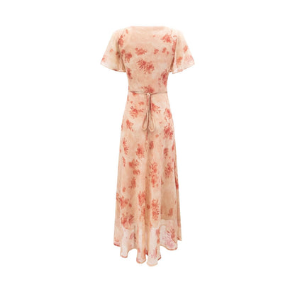 Women Clothing Elegant Pink Floral V neck Pullover Dress Women Waist Controlled Slimming Dress