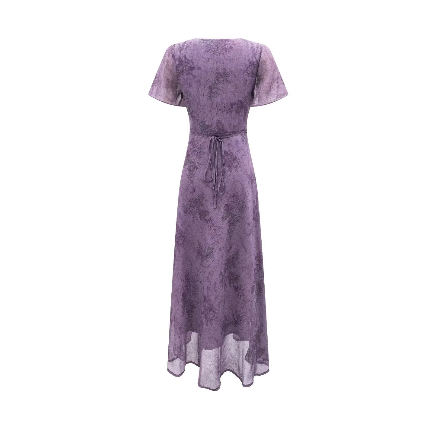 Elegant Slimming V Neckline Pullover Lace Stitching Design Dress Lace up Waist Tight Purple Dress