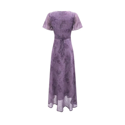 Elegant Slimming V Neckline Pullover Lace Stitching Design Dress Lace up Waist Tight Purple Dress
