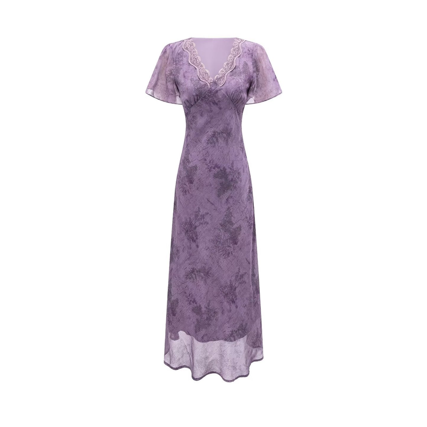 Elegant Slimming V Neckline Pullover Lace Stitching Design Dress Lace up Waist Tight Purple Dress
