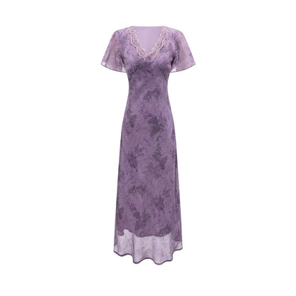 Elegant Slimming V Neckline Pullover Lace Stitching Design Dress Lace up Waist Tight Purple Dress