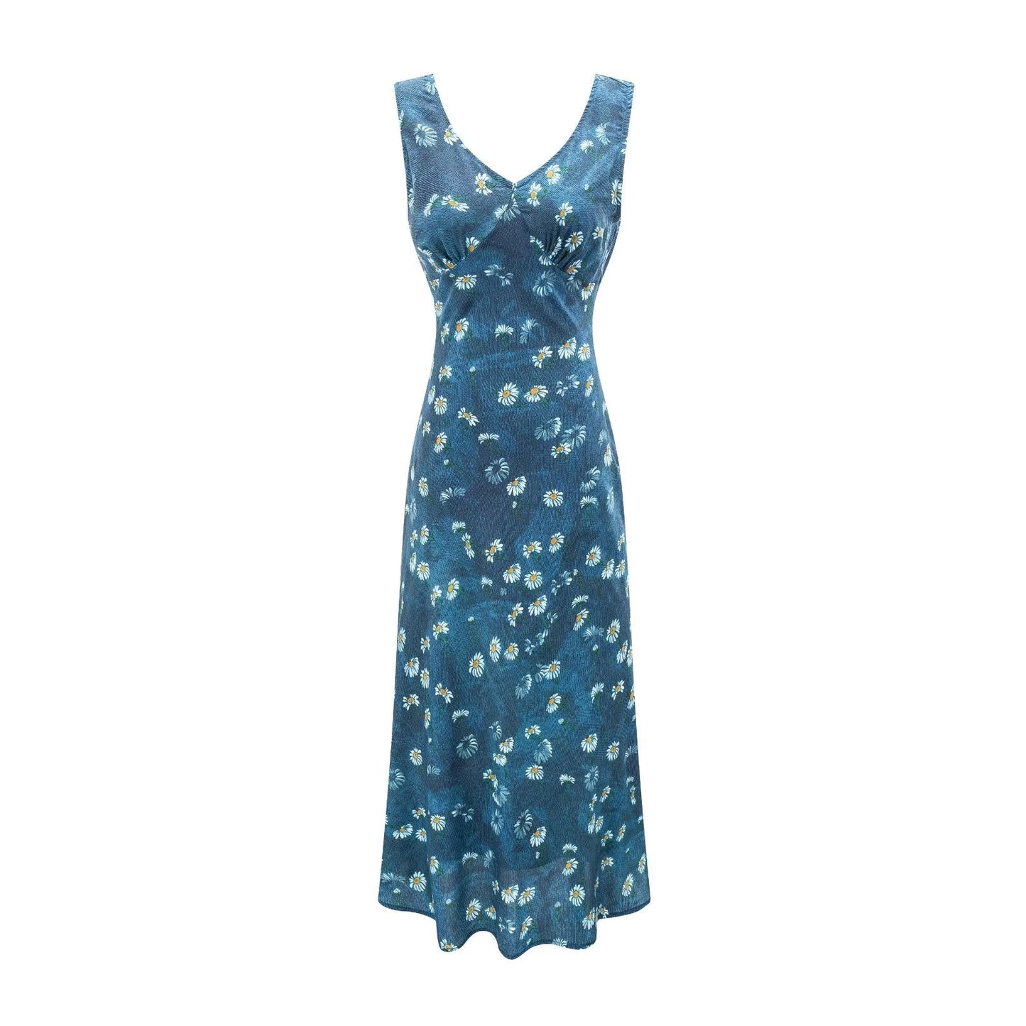 Winter Retro Printed Sexy V neck Lace up Tight Waist Blue Background Printed Dress