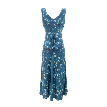 Winter Retro Printed Sexy V neck Lace up Tight Waist Blue Background Printed Dress