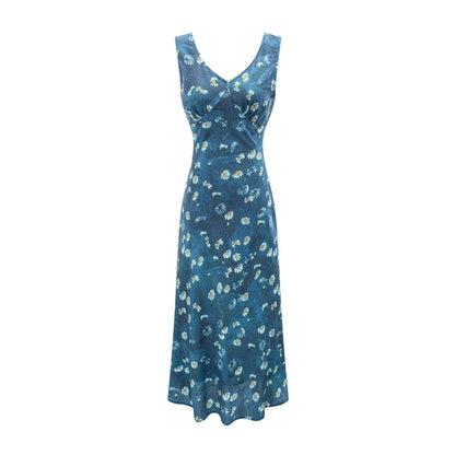 Winter Retro Printed Sexy V neck Lace up Tight Waist Blue Background Printed Dress