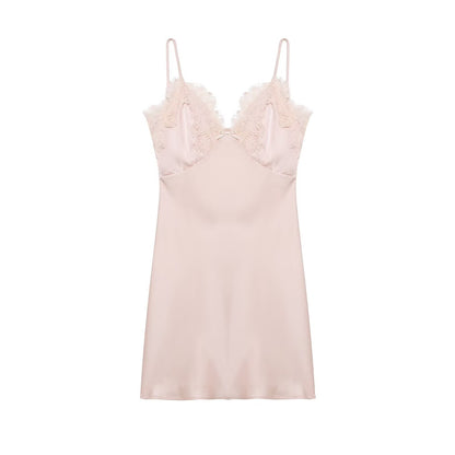 Early Spring Women Clothing Elegant Fashionable Slimming Silk Satin Lace Stitching Cami Dress
