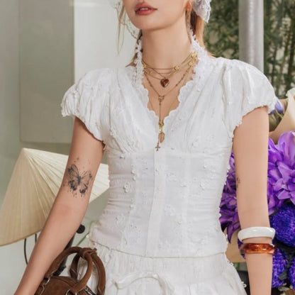 Vietnam Niche Sweet Embroidered Hollow Out Cutout Three Dimensional Jacquard Design Back Zipper Puff Sleeve V neck Shirt Top