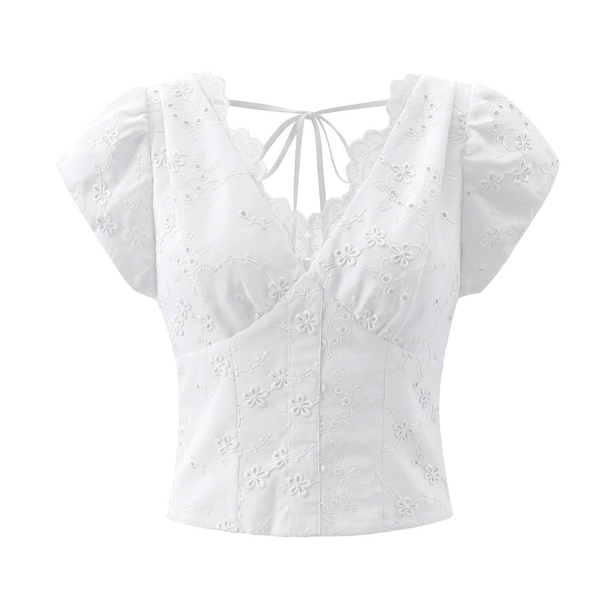 Vietnam Niche Sweet Embroidered Hollow Out Cutout Three Dimensional Jacquard Design Back Zipper Puff Sleeve V neck Shirt Top