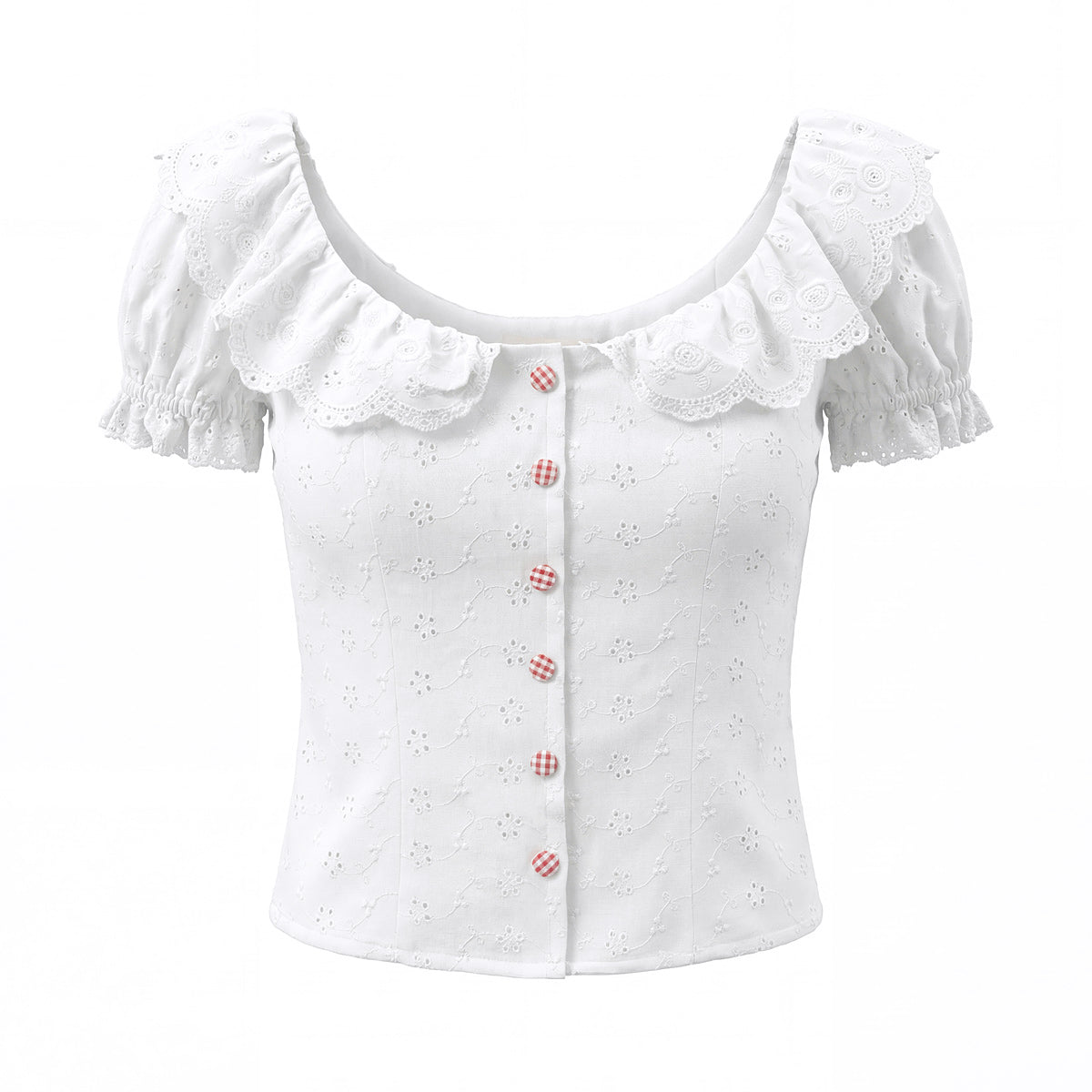 Lace Collar Niche Bubble Sleeve White Shirt Women Elegance Retro Single Breasted Hollow Out Cutout Embroidered Waist Tight Sexy Small Top
