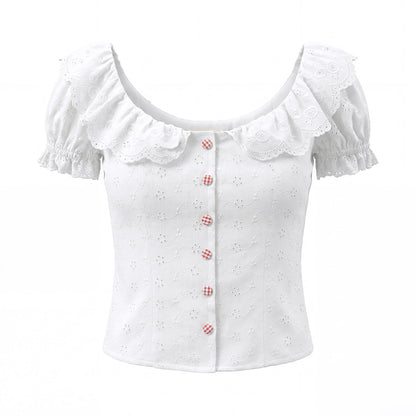 Lace Collar Niche Bubble Sleeve White Shirt Women Elegance Retro Single Breasted Hollow Out Cutout Embroidered Waist Tight Sexy Small Top