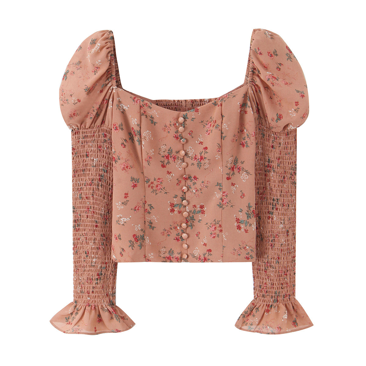 Women Early Spring Floral Printed Sexy Square Collar Slimming Elastic Puff Sleeve Shirt