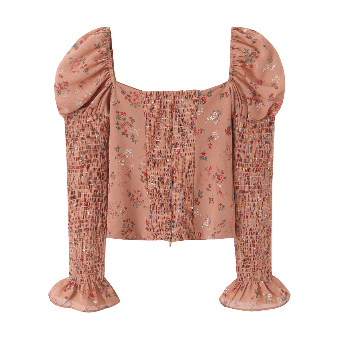 Women Early Spring Floral Printed Sexy Square Collar Slimming Elastic Puff Sleeve Shirt
