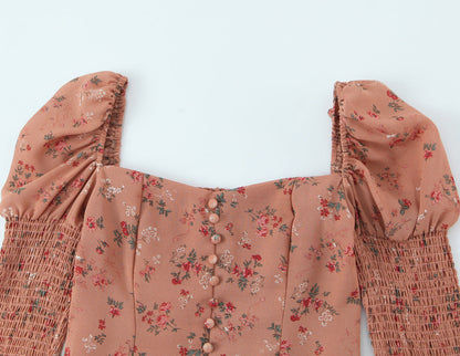 Women Early Spring Floral Printed Sexy Square Collar Slimming Elastic Puff Sleeve Shirt
