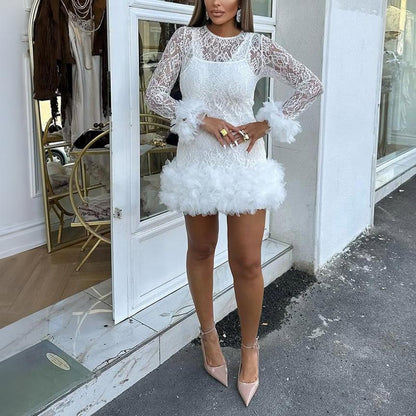 Women Spring Lace Round Neck Two Piece Set Dress