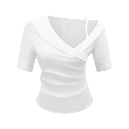 Pleated Design Summer White Short Sleeve Shirt Slim Fit Slim Fit Top