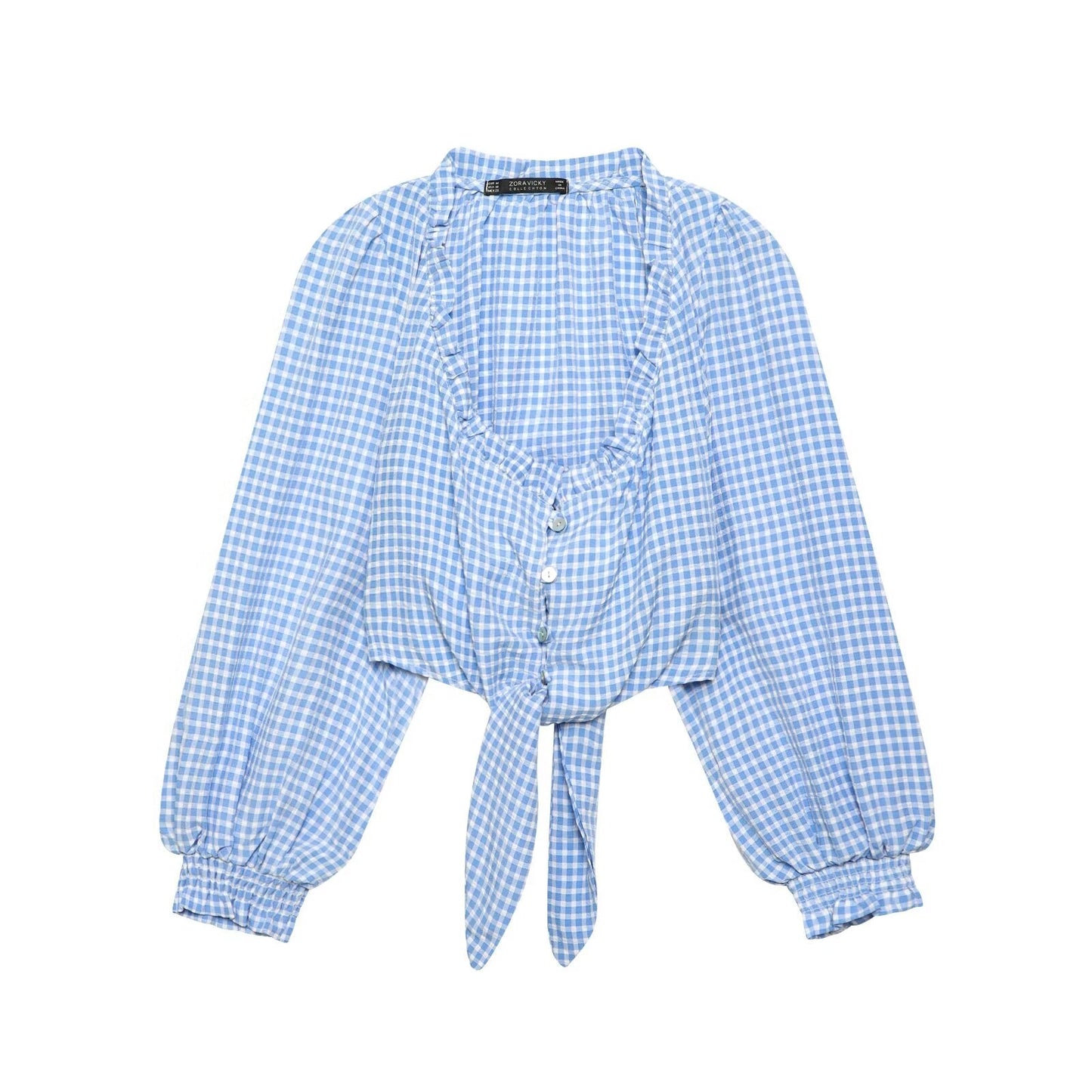 Women Clothing Spring Sexy Square Collar Blue Plaid Short Long Sleeve Top