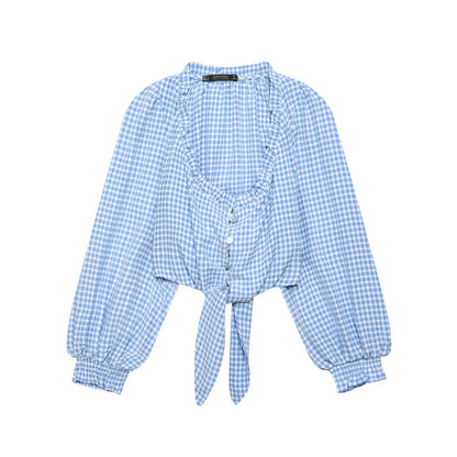 Women Clothing Spring Sexy Square Collar Blue Plaid Short Long Sleeve Top